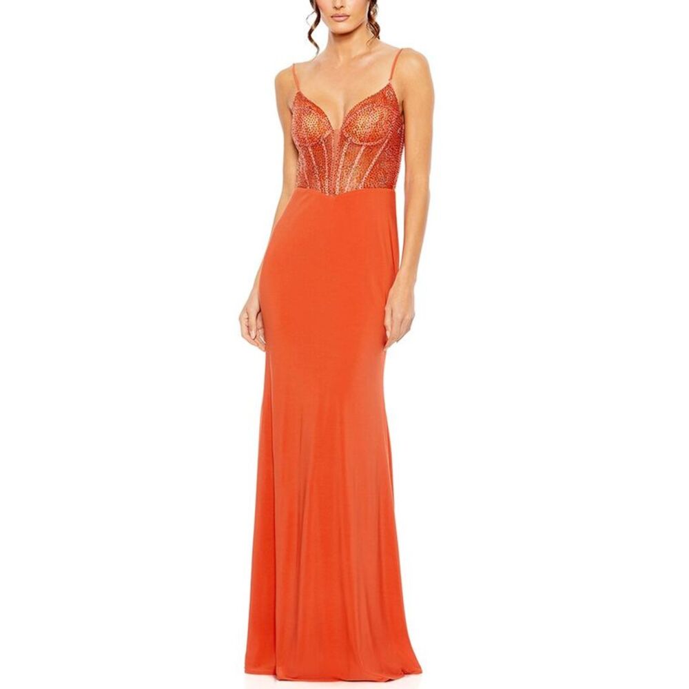 Mac Duggal Orange Beaded Bustier Maxi Dress